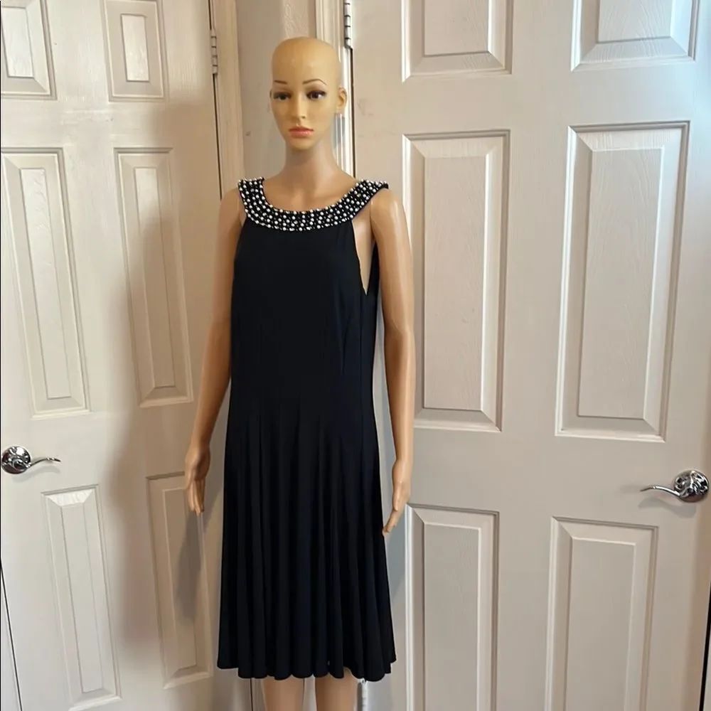 Jessica Howard Black Pearls Rhinestone Embellished Pleated Midi Dress Size 14